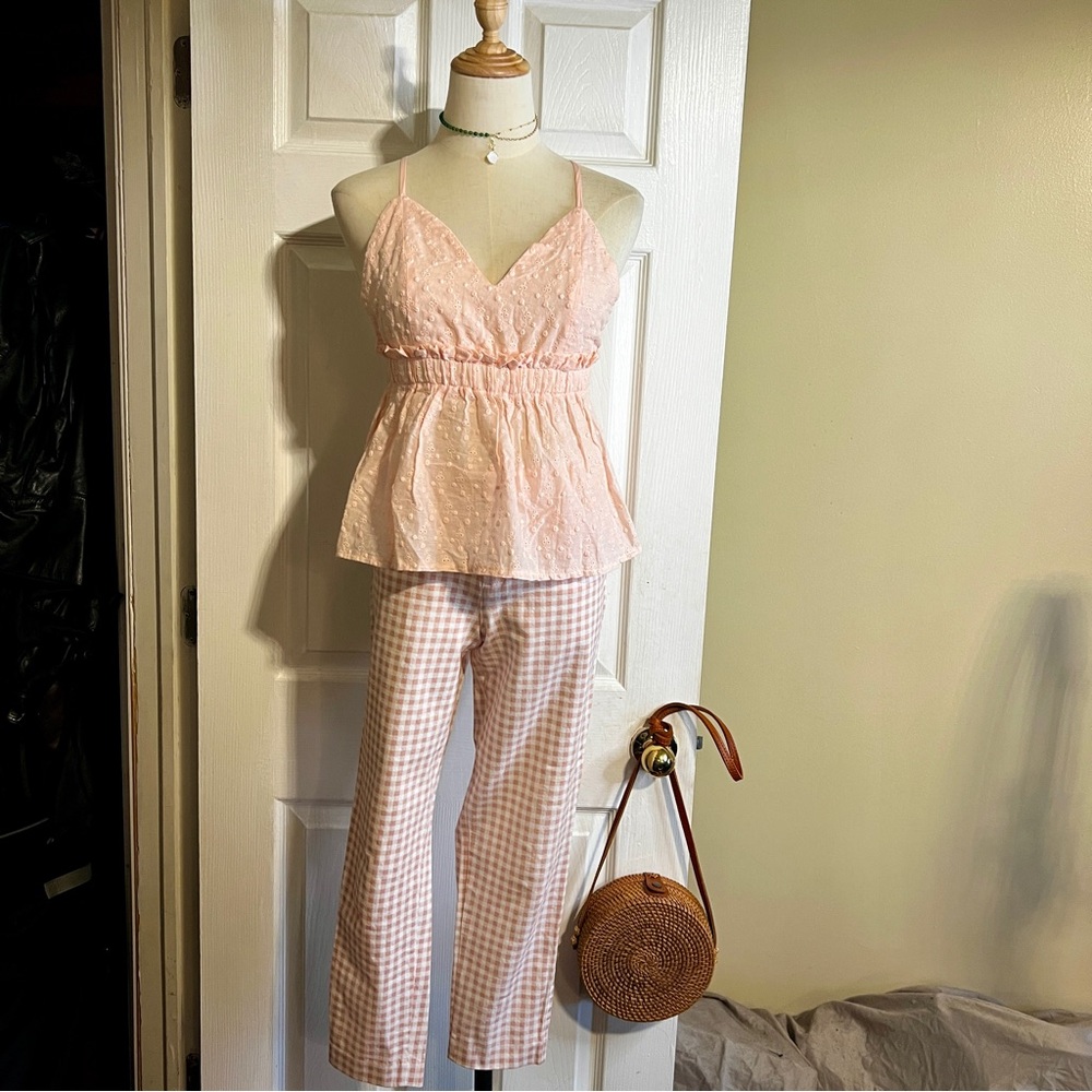 Old Navy Wms Gingham Pixie Ankle Pant & Cotton Pink Babydoll Eyelet Top Set S/6